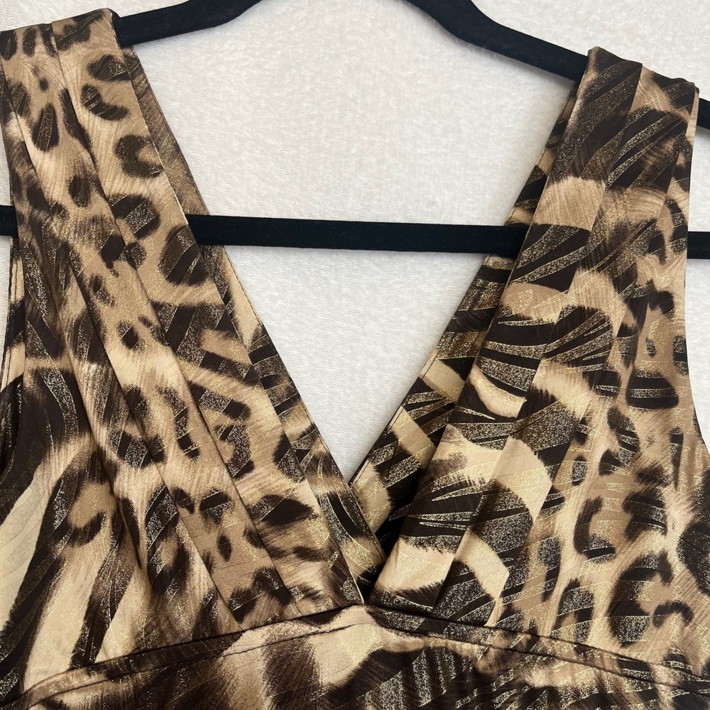 Animal Leopard Print Dress Brown Tan Gold Sleeveless V-Neck Party Cocktail M - Picture 9 of 11